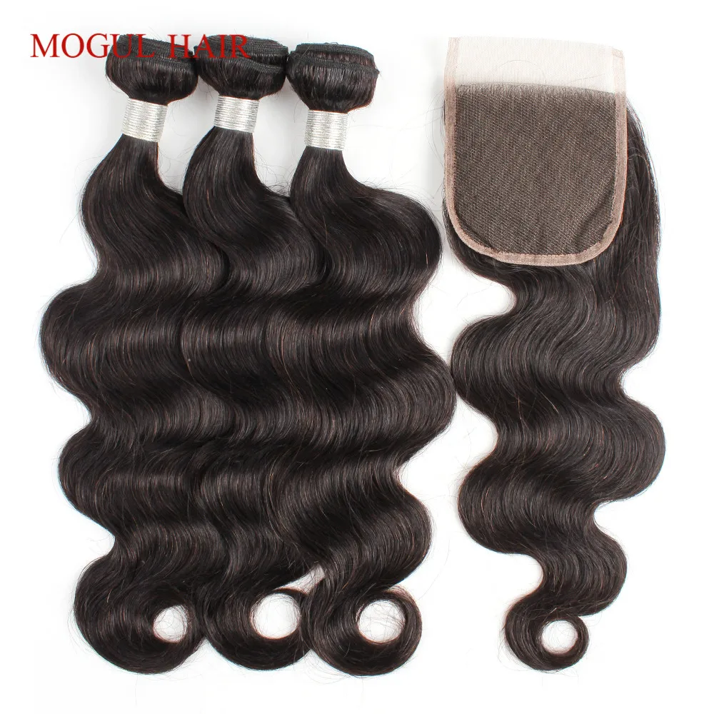 Mogul Hair Brazilian Body Wave 2/3 Bundles With Lace Closure Quality Remy Human Hair Extensions Natural Black Color 10-26 inch