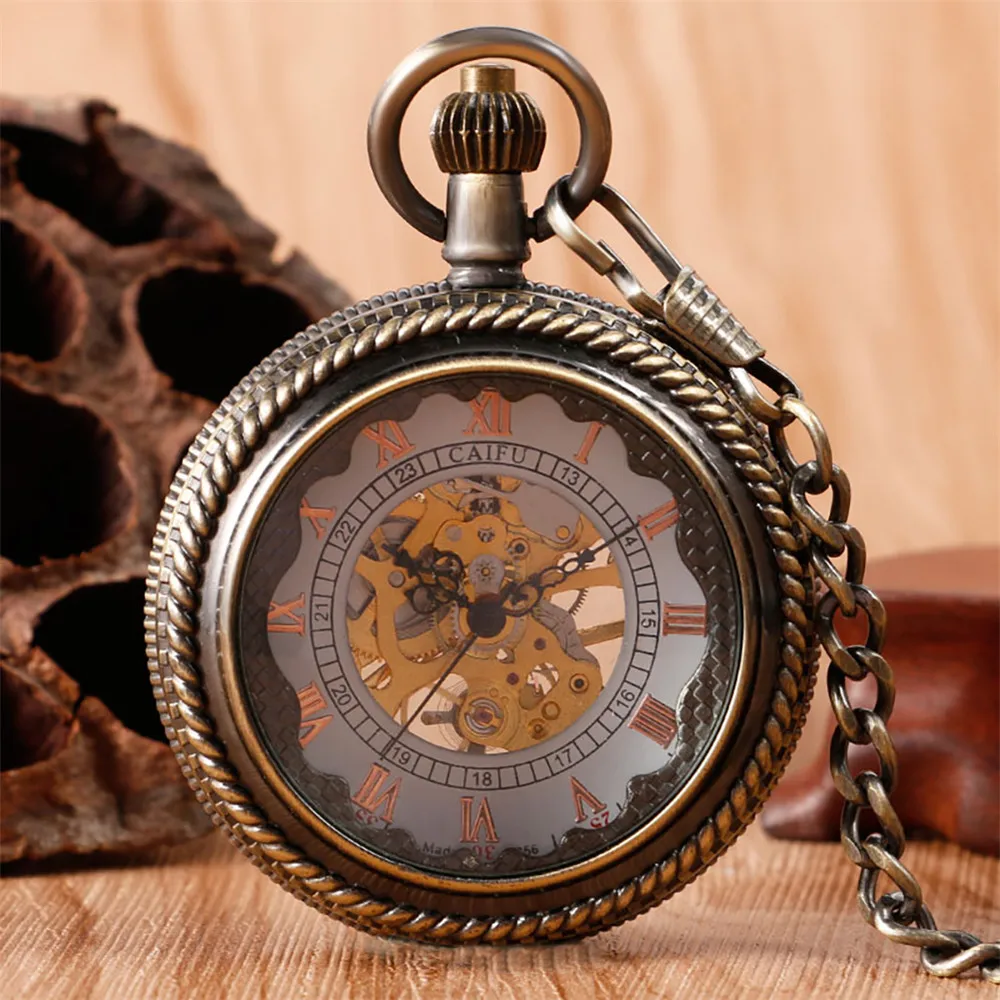 Roman Numeral Display Mechanical Hand Winding Pocket Watch Transparent Glass Black/White Dial Retro Luxury Pendant Pocket Clock
