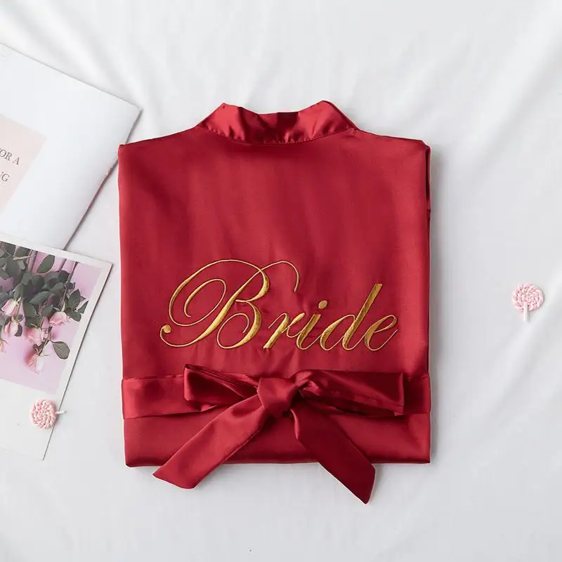Вышивка невесты Свадебный халат Элегантный бордовый кимоно халат пижамы повседневное мягкое банное платье леди атласная ночная рубашка - Цвет: Bride Burgundy