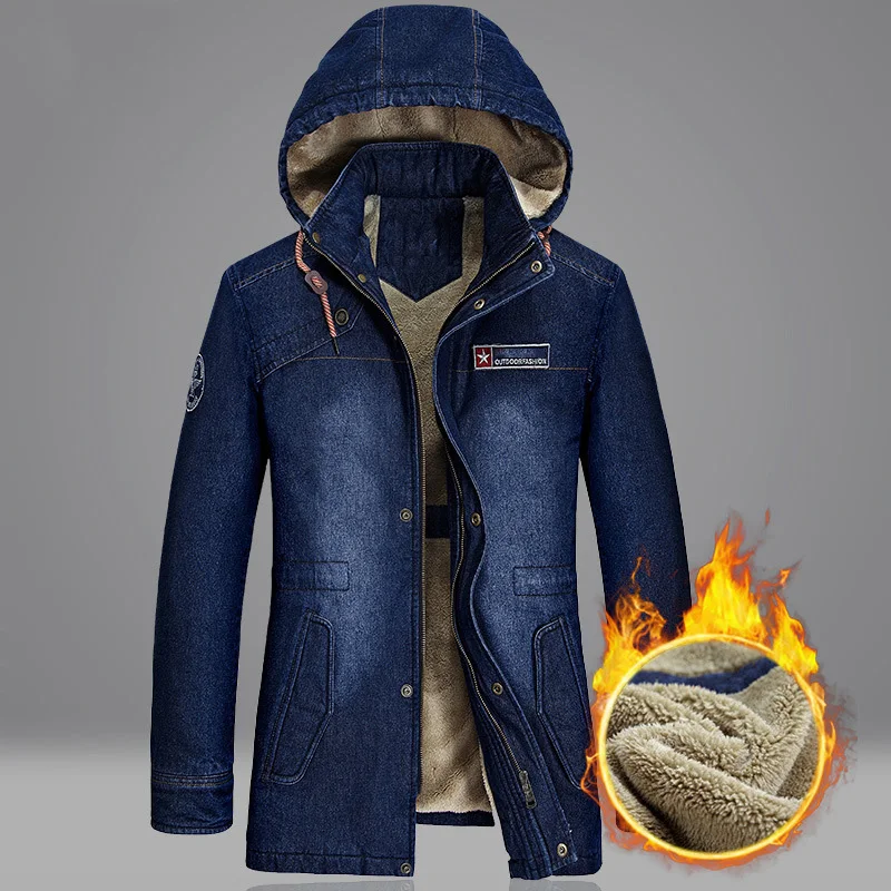 Winter Jacket Men's Denim Coat Mid-long Plus Velvet Thick Warm Cotton Coat Casual Jackets Coats Hooded Overcoat Men Windbreaker Winter Jacket Men's Denim Coat Mid-long Plus Velvet Thick Warm Cotton Coat Casual Jackets Coats Hooded Overcoat Men Windbreaker