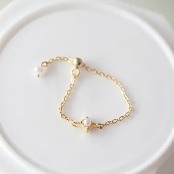 

Tiny Freshwater Pearl Handmade Chain Ring Lovely Dainty Gold Vermeil sv925 Rings Stackable Simple Small Pearls Stacking Rings