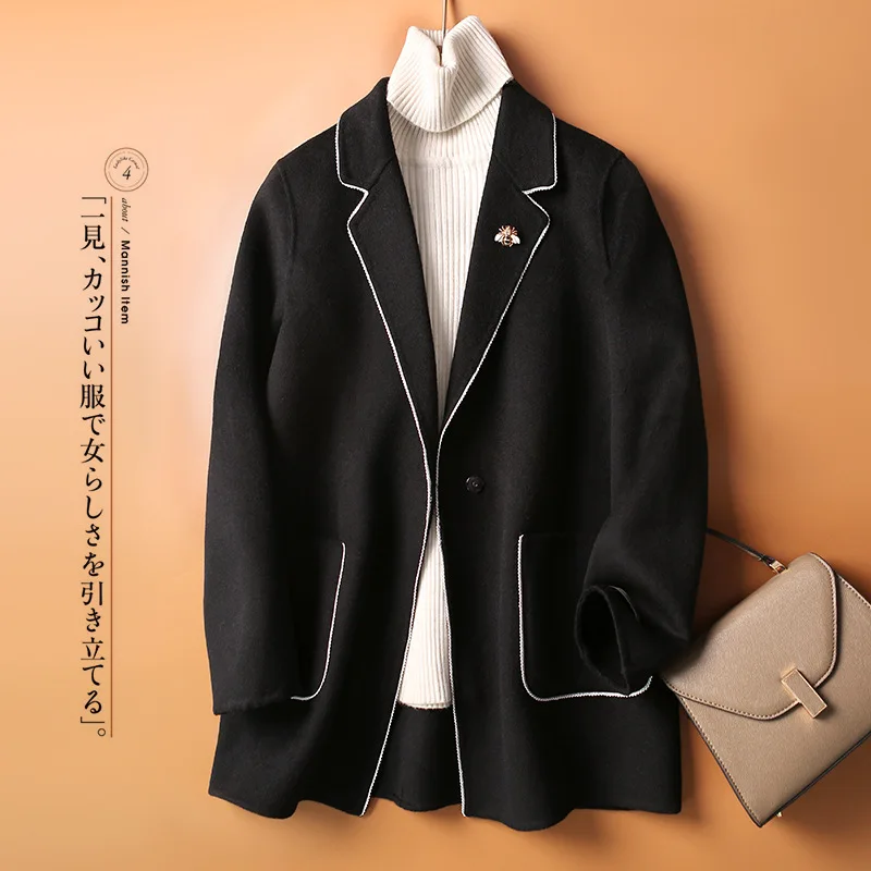 

Yimori Hand-stitched Double-sided Woolen Cloth Temperament Commuter Suit Woolen Coat Women Autumn Winter Woolen Coat Black