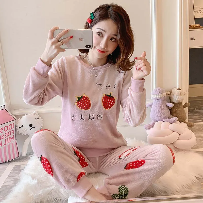 Pink Strawberry Зимняя пижама из 2 предметов для женщин, теплая плотная Пижама с круглым вырезом, Фланелевая пижама с милым рисунком, домашняя одежда, костюм - Цвет: Pink Strawberry