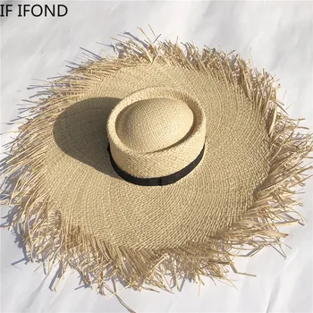 

New Large Wide Brim Straw Hat Women Summer Kentucky Derby Hat Ribbon Beach Cap Boater Flat Top Sun Hat