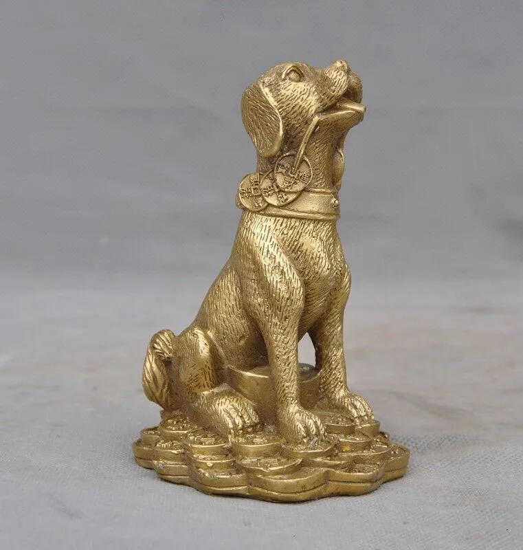 5" Chinese Brass Feng Shui Auspicious Wealth Coin Dog Dogs Zodiac Animal Statue Statues