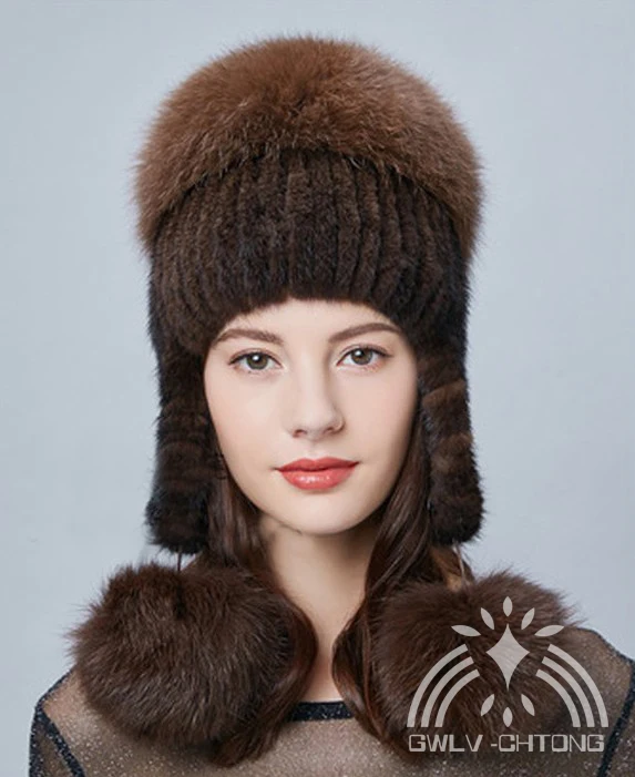 Новое подлинное натуральное вязаное Норковое меховая шапка с большим лисьим меховым шаром, женские модные запонки для ушей, Зимние головные уборы - Цвет: Коричневый