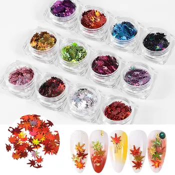 

12Colors Leaf Flake Nail Glitter Holographic Paillette Nail Sequins Fall Maple Leaf Shape Glitter For Laser Nail Art Decorations