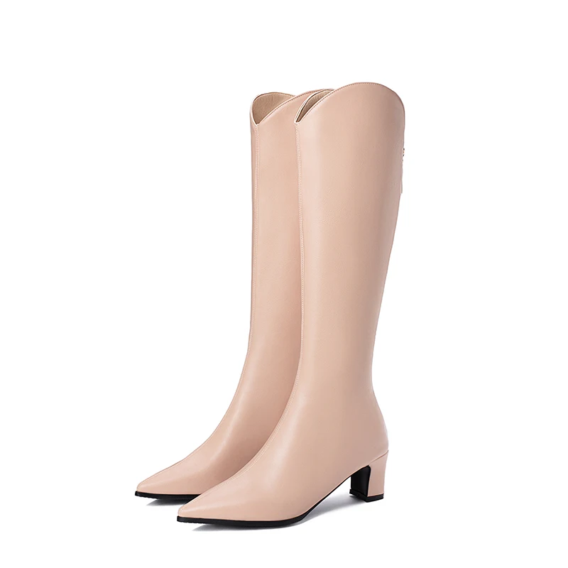 ENMAYER/ г. Зимняя обувь женские высокие сапоги до колена из PU искусственной кожи, без шнуровки, с острым носком зимние сапоги на квадратном каблуке Женская обувь, размеры 34-43 - Color: Beige