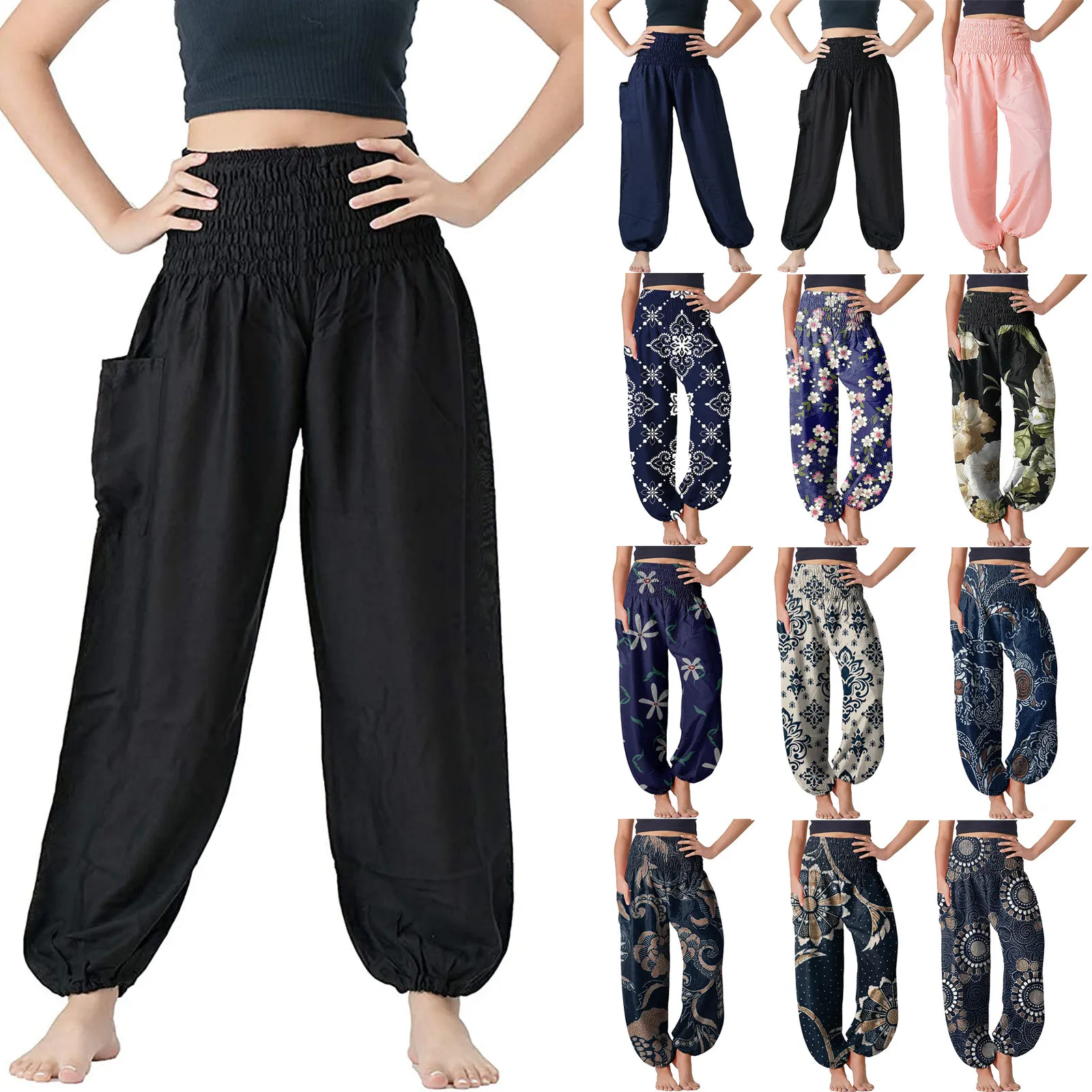 Comfy Boho Pants Pocket Wide-leg Loose Trousers High Elastic Waist Sport Yoga Pants Hippie Lounge Bohemia Trousers Harem
