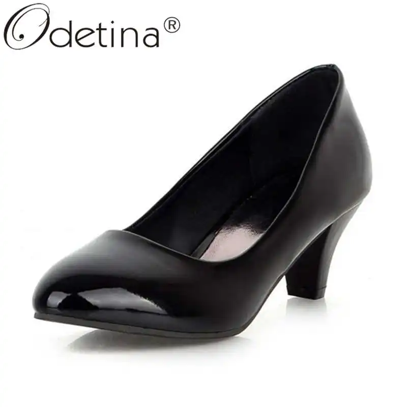 

Odetina Women Fashion Block High kitten Heel Dress Shoes Female Elegant Almond Toe Patent Leather Vintage Pull On Concise Shoes