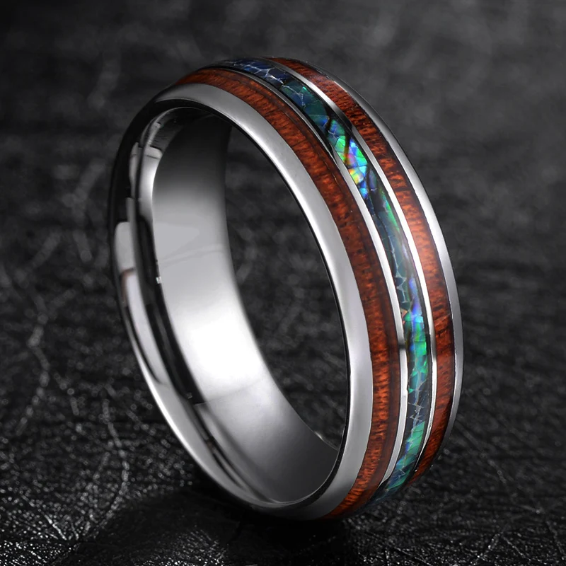 

TIGRADE 8mm Tungsten Carbide Rings Hawaiian Koa Wood and Abalone Shell Wedding Bands for Men Comfort Fit Size 6-13 Brand bague
