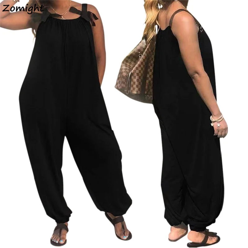 

Summer Loose Solid Jumpsuit Combinaison Femme Fashion Bowknot Strap Rompers Womens Jumpsuit Overalls Casual Plus Size Jumpsuits