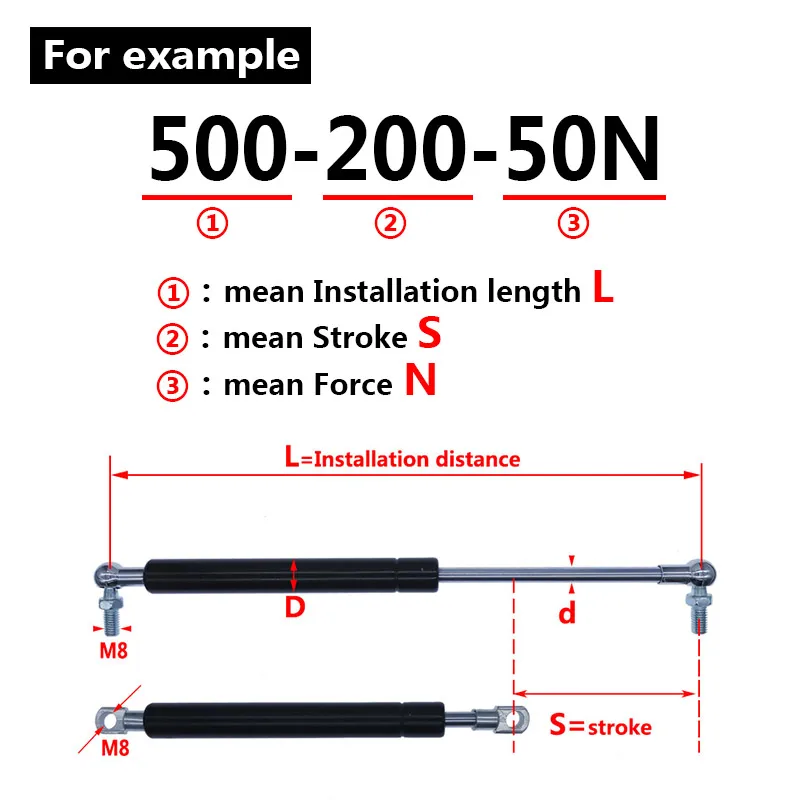 18*8 가스 봄 접이식 힌지 50N-500N/5kg-50kg 포스 리프트 지원 스트로크 거리 200mm 구멍 센터 거리 500mm