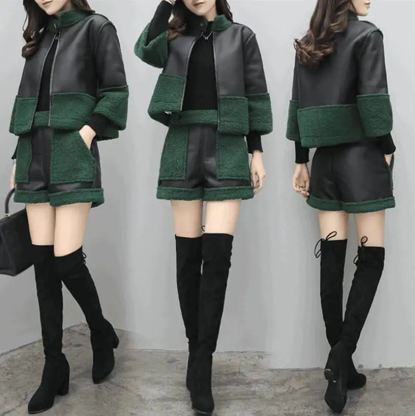 

Women's shorts two-piece autumn and winter seven-point sleeves imitation Teddy wool stitching PU jacket + sheep curls shorts XXL