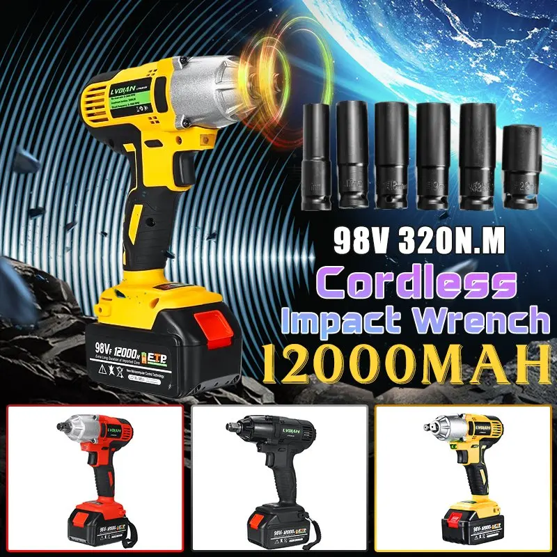 

Electric Cordless Impact Wrench 320NM Max Torque Socket Wrench 98VF 12000mAh Lithium-Ion Battery Wrench Power Tools