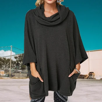

Women Pullover Basic With Pocket Daily Casual Autumn Winter Loose Fashion Polyester Tops Long Sleeve Hooded Tunic Solid