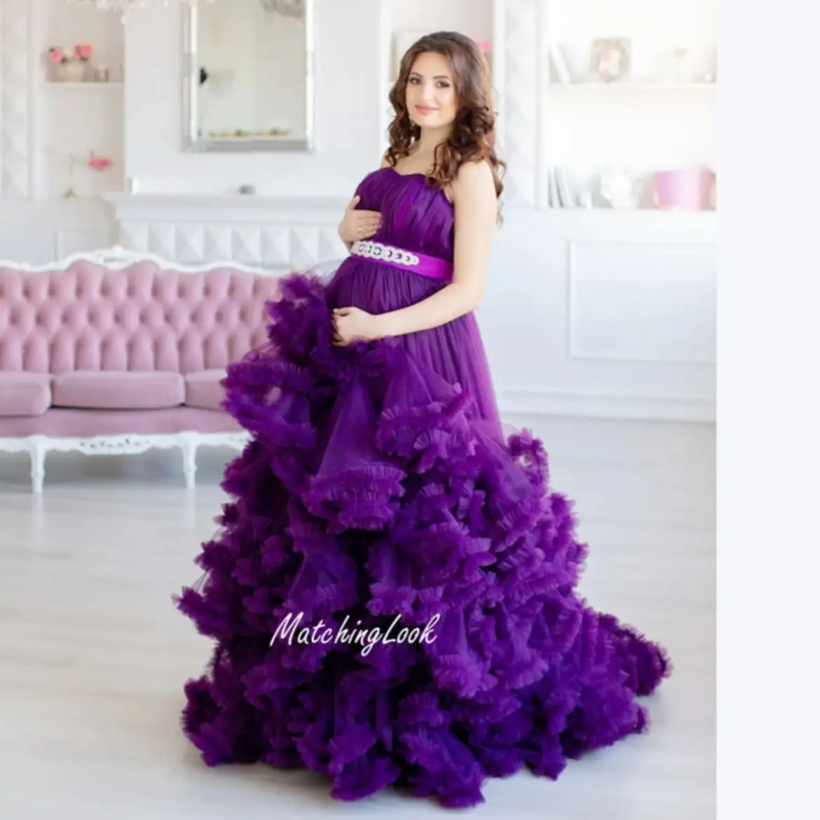 Purple Maternity Dresses with Belt Crystals Sweetheart Maternity Gown