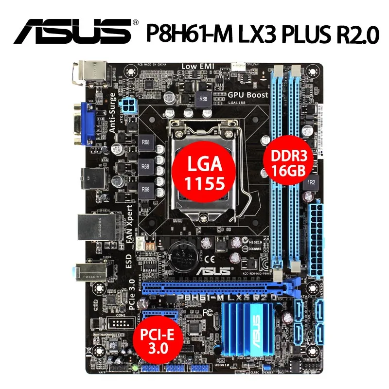 latest motherboard for desktop pc LGA 1155 Asus P8H61-M LX3 PLUS R2.0 Motherboard DDR3 16GB VGA i7 i5 i3 PCI-E 3.0 Desktop Intel H61 Placa-Mãe 1155 uATX Used latest computer motherboard