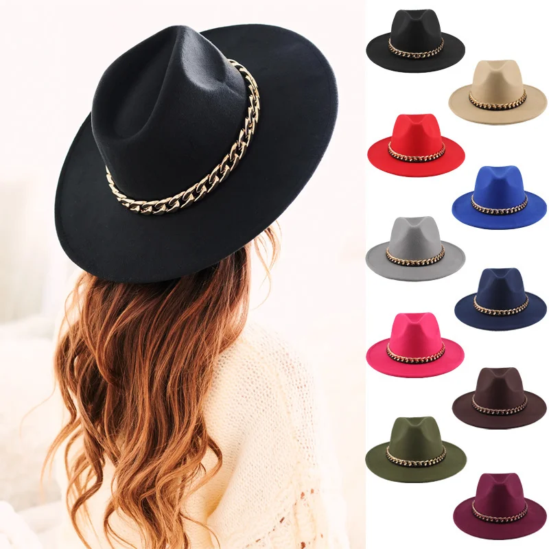 

INS Hot Vintage Unisex Flat Brim Panama Wool Felt Jazz Fedora Hats With Belt Women Men Wide Brim Party Cowboy Trilby Gambler Hat
