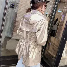 Новое осеннее пальто для женщин серебряное модное блестящее пальто с капюшоном женские регулируемые ветровки на талии водостойкие