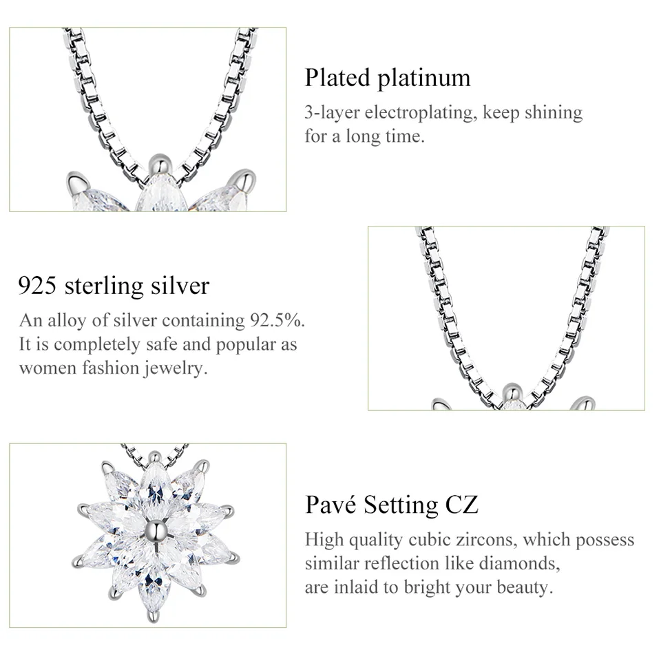 VOROCO Genuine 925 Sterling Silver Dazzling Snowflake Pendant Necklace Women Clear CZ Box Chain Collar Wedding Jewelry BNN140