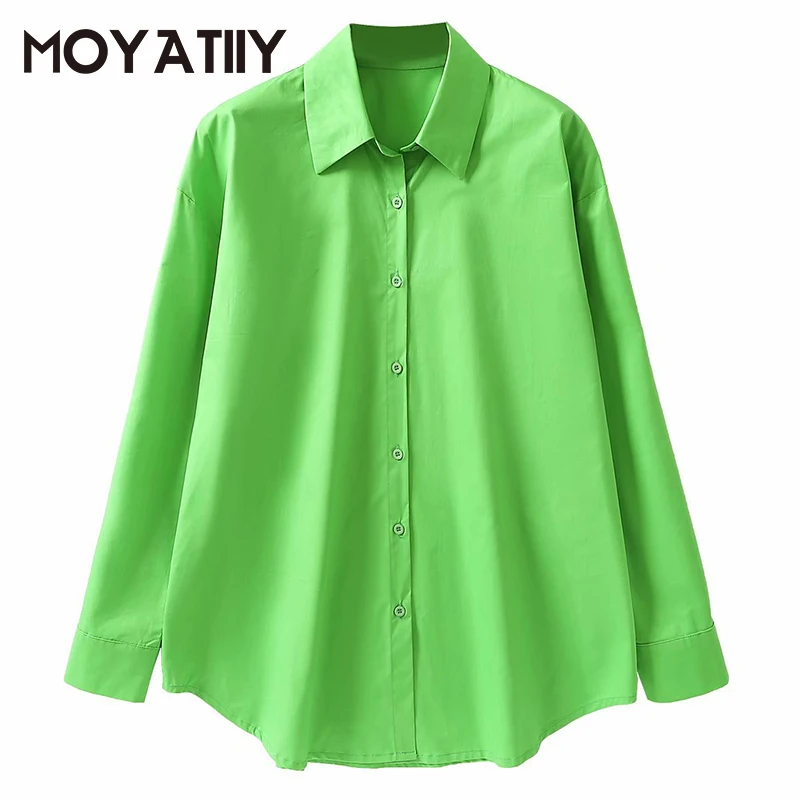 MOYATIIY Fashion Women Fluorescent Green Long Shirts Sleeve Casual Spring Oversize Boyfriend Style Female Tops | Женская одежда