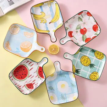 

Ceramic Tableware Plate Fruit Pattern Square Single Handle Baking Pan Creative Fruit Plate Household Kitchen Supplies
