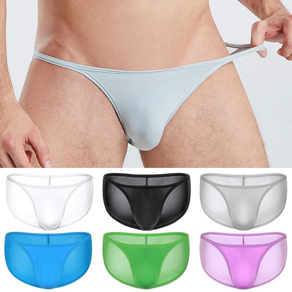 

Men Briefs Sexy Mesh Low Rise Briefs Tight Underwear See-through G-String Thongs Solid Color U Convex Pouch T-Back Underpants