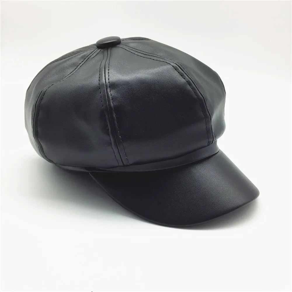 Женская однотонная полиуретановая Кепка Baker Boy, дамские и девичьи Восьмиугольные шляпы из искусственной кожи, женские зимние шапки Newsboy