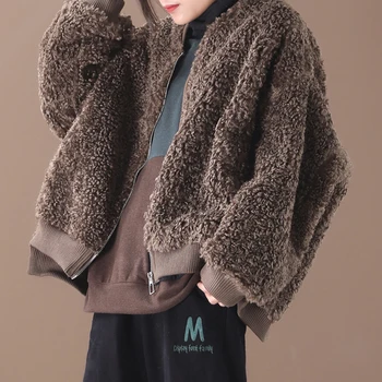 

Female new winter korean style plus size literary long-sleeved short cardigan lamb wool with zipper cardigan cotton short coat