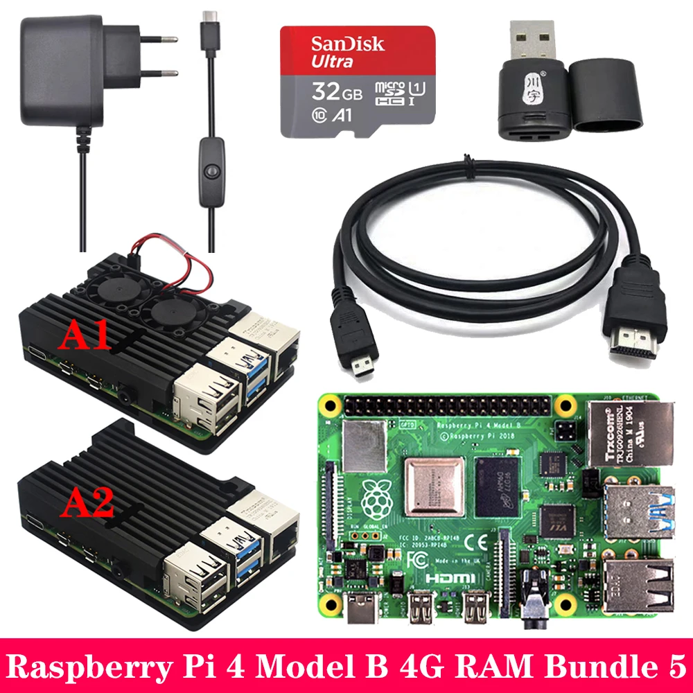 Raspberry Pi 4 2 ГБ 4 ГБ ОЗУ+ алюминиевый корпус 3A адаптер питания Micro HDMI кабель для Raspberry Pi 4 Модель B Pi 4B - Комплект: Комплект 5