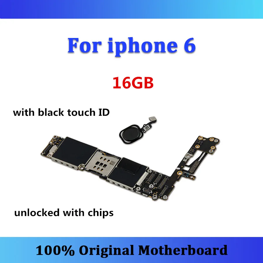 

Original unlocked logic board for iphone 6 motherboard with black touch ID 16gb with full chips mainboard tested IOS Updated fee