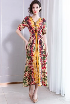 

Printed Short-Sleeved 100% Silk Dress 2020 Summer New Women's V-Neck Mulberry Silk Dress yellow