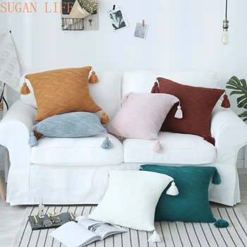 

Knit Cushion Cover Pink Green Yellow Blue Coffee Leaves Tassels 45x45cm Soft Home Decoration Pillow Cover for Living room