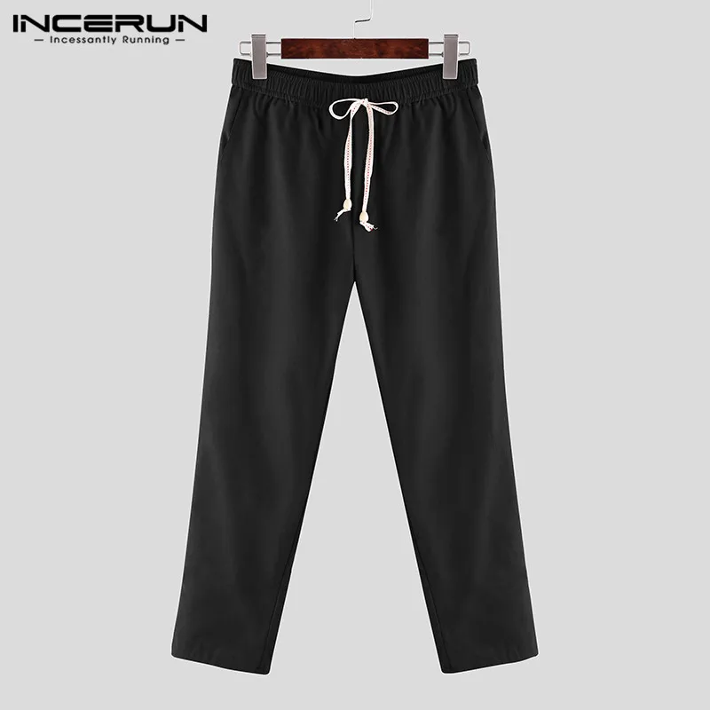 Black INCERUN, мужские повседневные штаны, джоггеры, на завязках, винтажные, одноцветные, хлопок, уличная одежда, шикарные, длинные, прямые брюки,, брюки для мужчин размера плюс - Цвет: Black