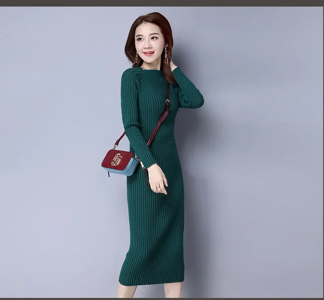 winter sweater dress long pure color Women Dresses pink red Elegant soft Knitted Sweater Dress Bodycon Slim Midi Vestidos green