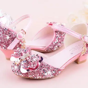 

2020 New Kids Princess Leather Shoes For Girls High Heel Sandals Fashion Children Shoes Glitter Sequin Girls Party Dress Wedding
