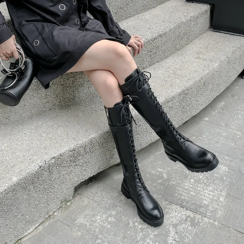 QUTAA г.; модные мотоботы на квадратном каблуке; осенне-зимняя женская обувь; сапоги до колена из коровьей кожи на молнии со шнуровкой; размеры 34-40