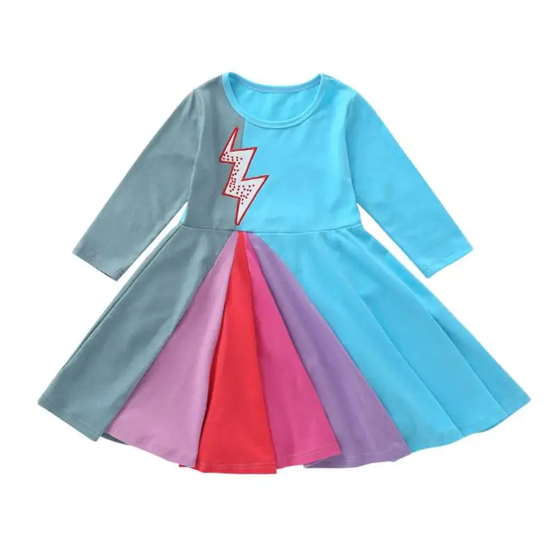 Платья для маленьких девочек милое модное Трендовое осеннее платье для отдыха с длинными рукавами в радужную полоску и вышивкой