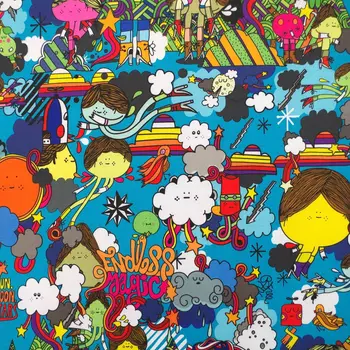 

1 yard Polyester/PVC coated Waterproof Fabric for bag,- Cartoon - girl, flower, umbrela on blue background (width=140cm)