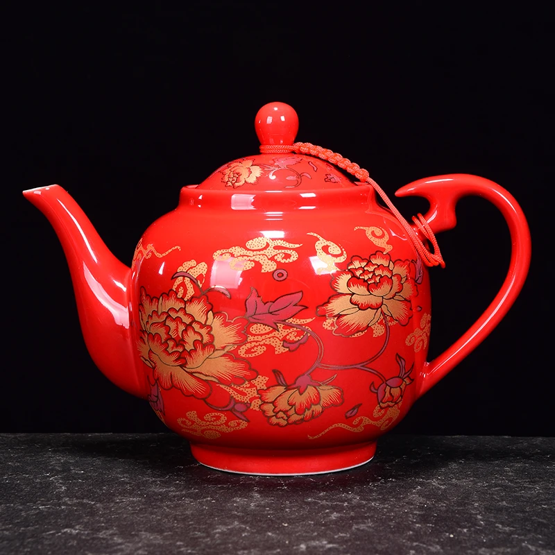Chinese Traditional Red Ceramic Teapot, Tea Infuser, Dragon and Phoenix Pattern, Porcelain Teaware, Tea Kettle, Gift, 585 ml