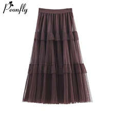 PEONFLY, новинка, осенне-зимняя длинная юбка из тюля, женская элегантная Корейская трапециевидная плиссированная юбка с высокой талией, макси для женщин
