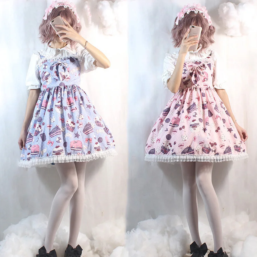 

Lolita Dress Sweet Cute Kawaii Girls Princess Maid Vintage Baby Doll Lace Cake Bow Ruffles Braces Skirt Cosplay Costumes