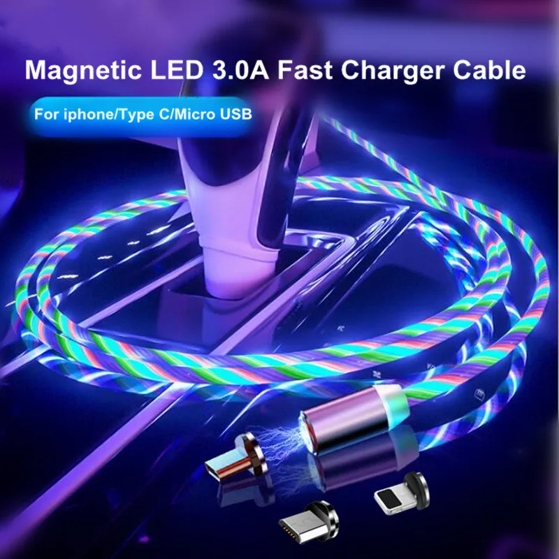 

3 in 1 Magnetic Flowing Light LED For iPhone Micro USB Cable Type-c Charging Charge Magnet Charger Wire Type C Cables