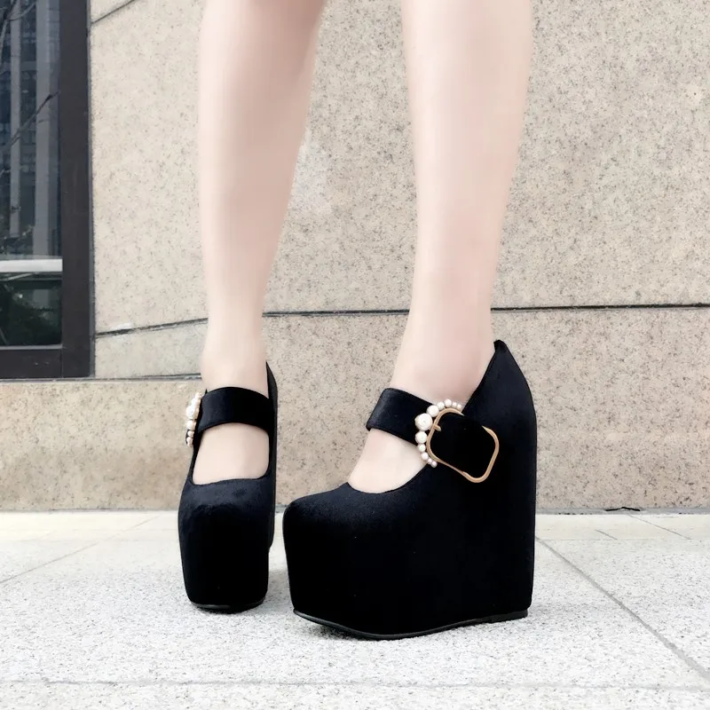 new wedge with thick bottom round single shoes female inside increased 15 cm suede high heels simple elegant women's shoes