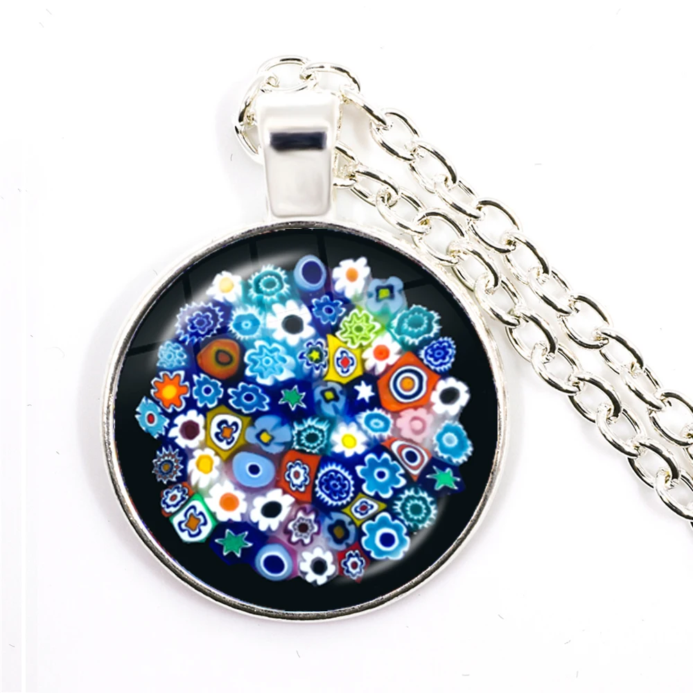 MILLEFIORI Murano Flower Glass 20mm CIRCLE Goth Black Pendant Necklace Jewellery 