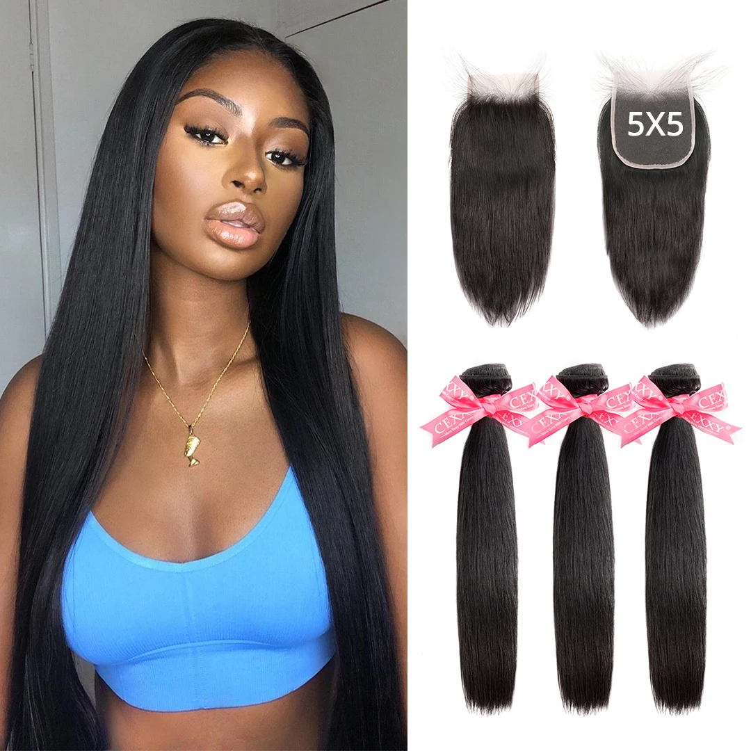 Brazilian Hair Human Hair Bundles with Closure Bone Straight 5x5 Lace Closure Weave Bundles With Human Extension