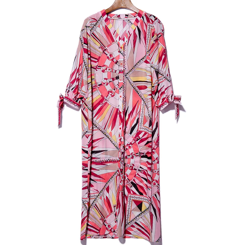 LD LINDA DELLA Autumn Fashion Loose Plus Size Dress Designer Women V-Neck Single-breasted Print Holiday Vintage Midi Dress