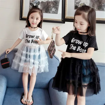 

Gril's tutu Dress Summer Fashion Letter kids dresses for Girls Children Casual Simplicity Short Sleeve Joint Cake Mesh Dress