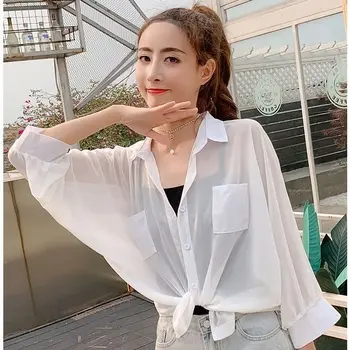 

Summer girl students' white Korean version loose Bat Sleeve Chiffon cardigan jacket with all kinds of thin shirt